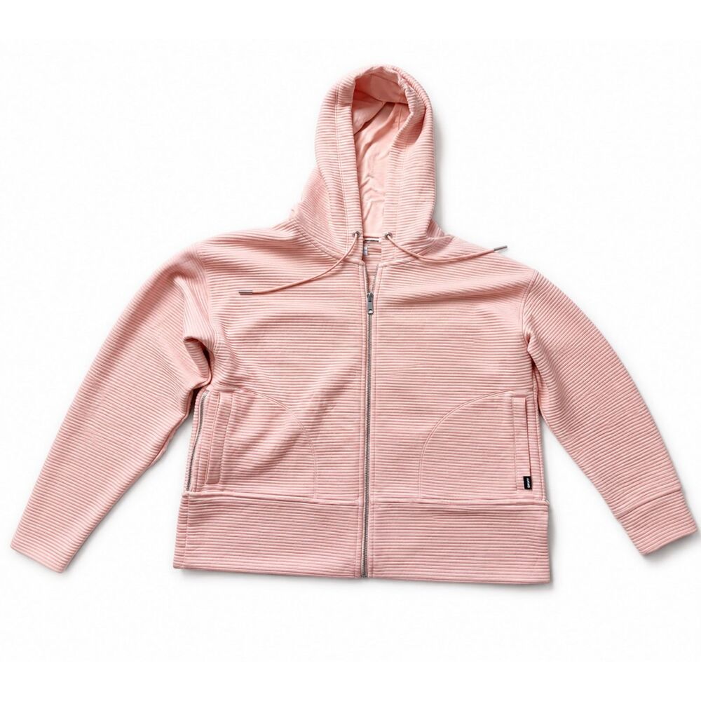 DKNY Sport Women's Large Pink Ribbed Zip Front Hoodie Jacket Stretch